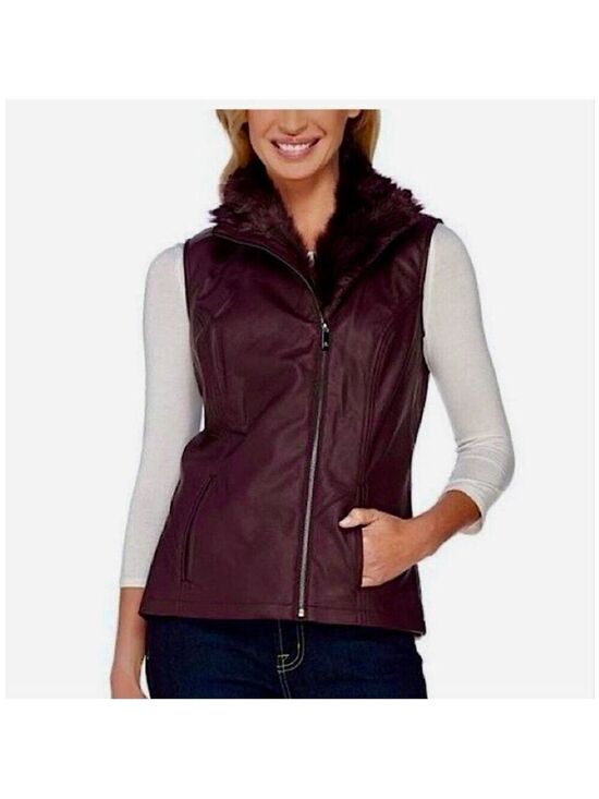 Dennis Basso Jackets & Blazers - Dennis Basso Merlot Faux Leather Moto Vest Faux Fur Collar S